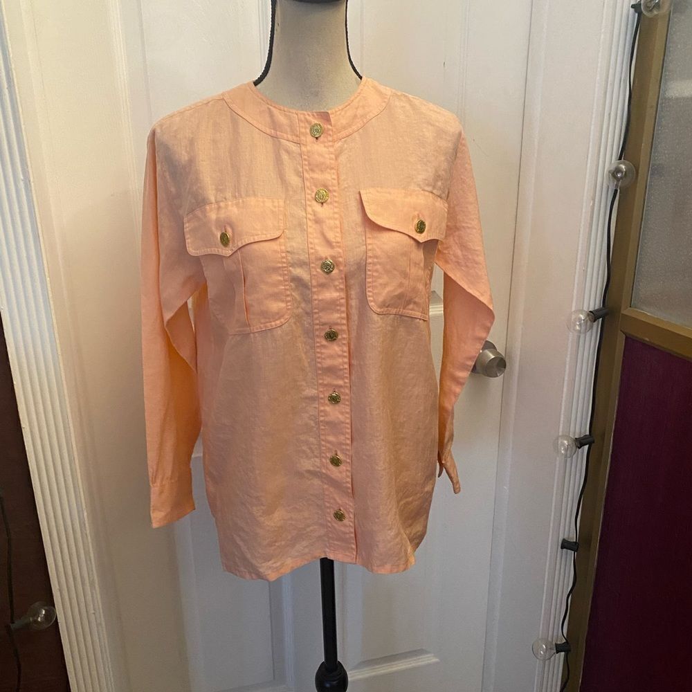 Yves Saint Laurent 100% linen peach colour buttoned blouse, size 40(M)